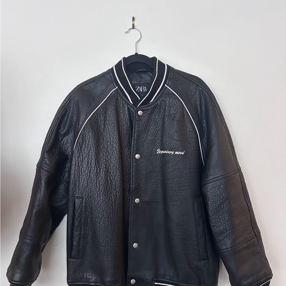 Zara Leather Varsity Jacket in Black and White